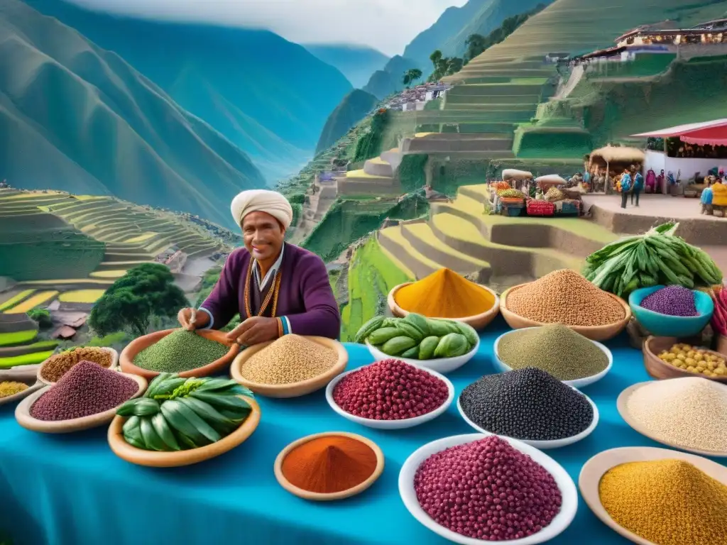 Exploración de destinos gourmet superfoods en un bullicioso mercado callejero de Perú, rodeado de coloridas montañas verdes y cielo azul