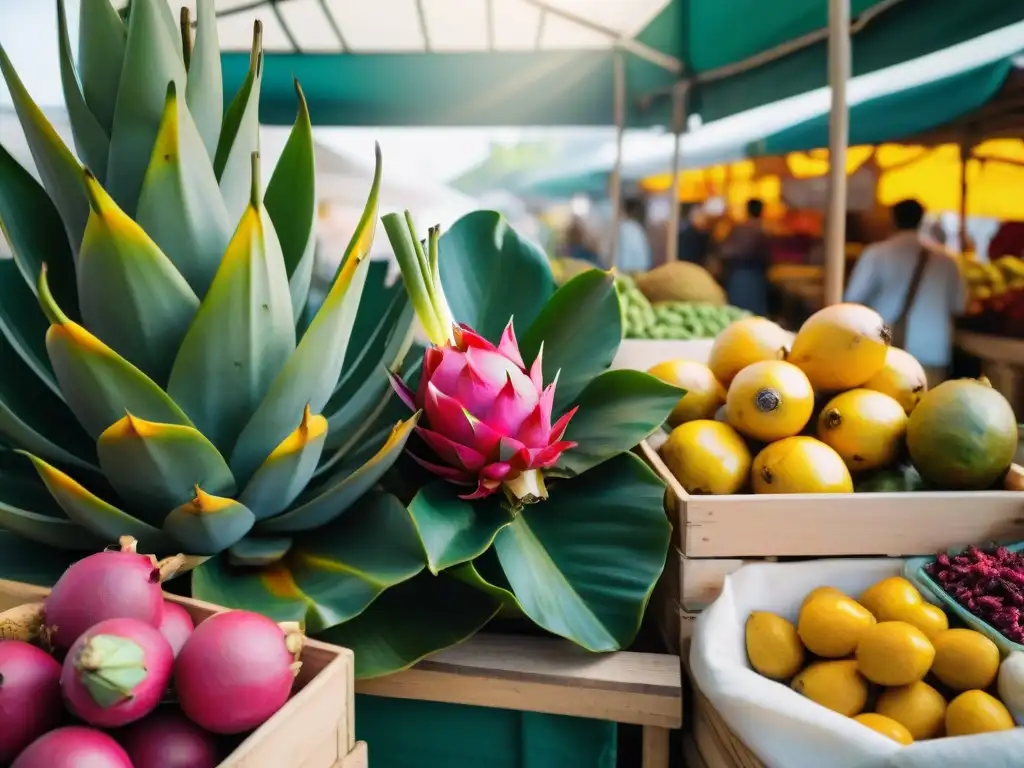 Exploración de destinos gourmet y superfoods en un vibrante mercado de agricultores exótico bajo palmeras tropicales