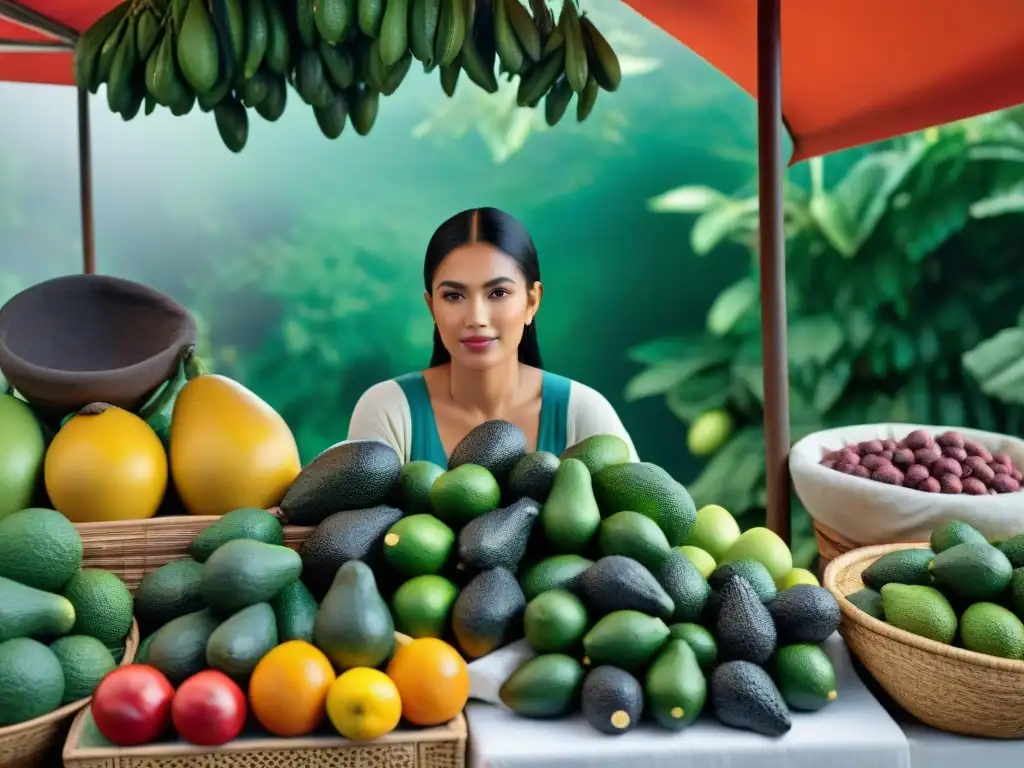 Exploración gourmet en vibrante mercado mexicano con superfoods y tradicionales artesanías