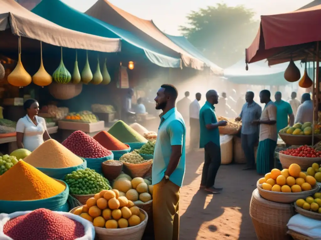 Mercado africano al atardecer: aromas y colores vibrantes Exploradores delicias en mercados africanos gourmet, vibrante escena al atardecer con frutas, especias y aromas exóticos