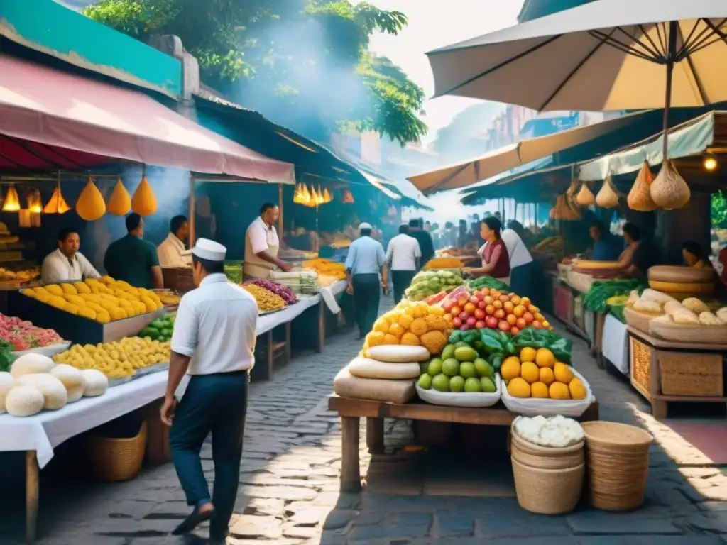 Exploradores Gourmet Mercados Locales: Escena colorida de un bullicioso mercado latinoamericano con frutas exóticas y aromáticas especias