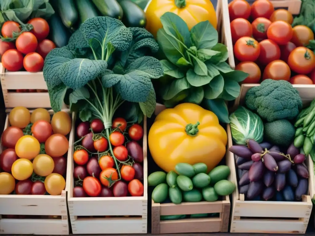 Exploradores Gourmet Mercados Locales: escena detallada de mercado con frutas y verduras coloridas en cajas de madera bajo la cálida luz del sol