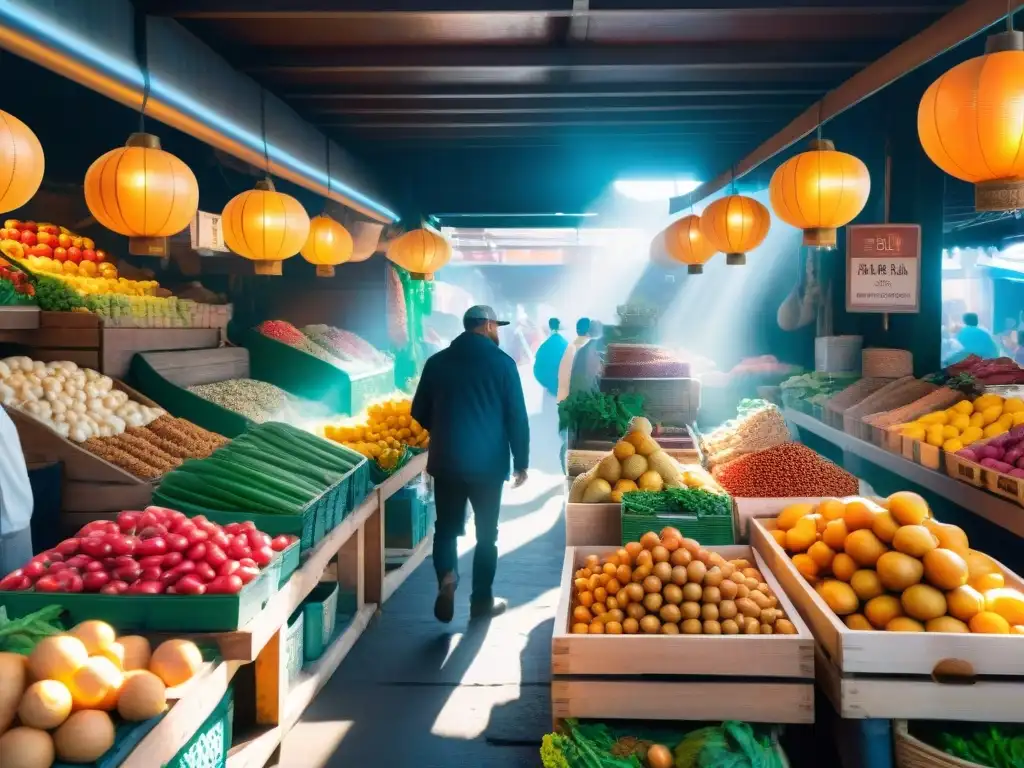 Exploradores Gourmet Mercados Locales: Escena detallada de un bullicioso mercado local con colores vibrantes y alimentos exóticos