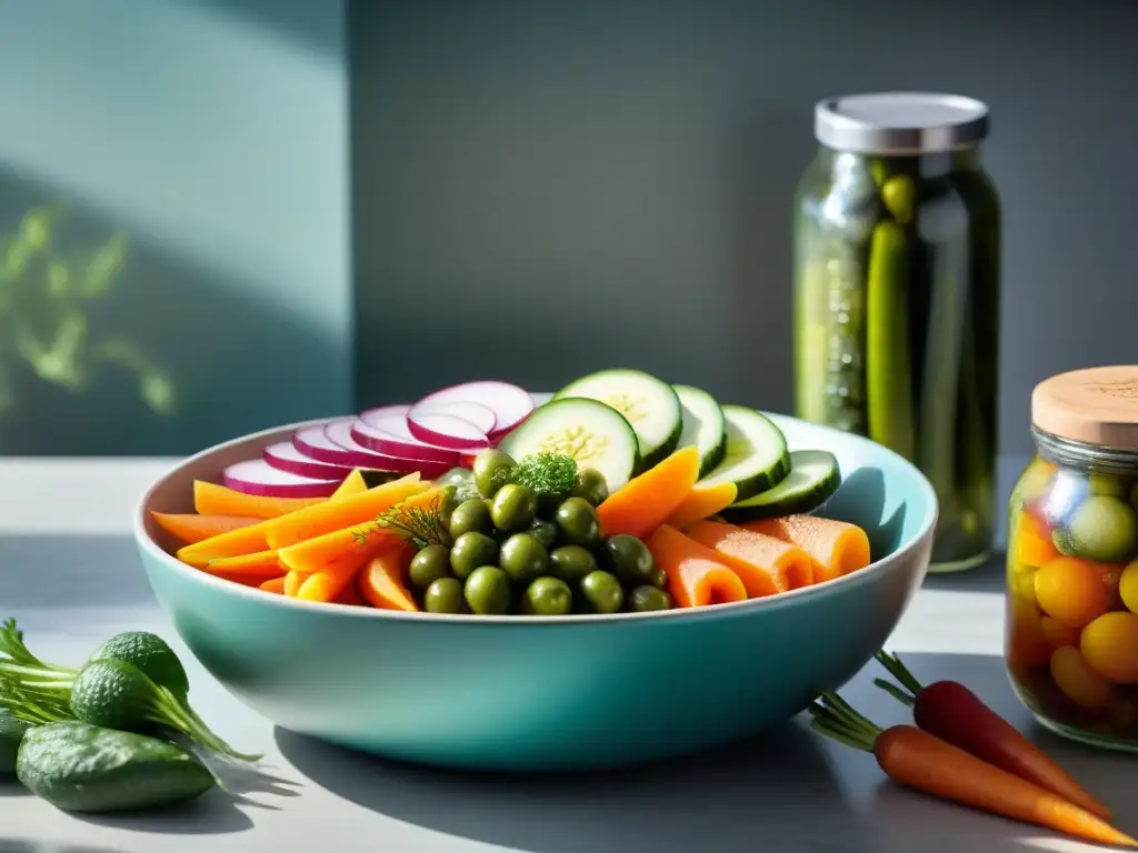 Delicia visual: Ensalada gourmet de vegetales encurtidos Una explosión de colores y sabores en encurtidos gourmet, lista para tu dieta diaria