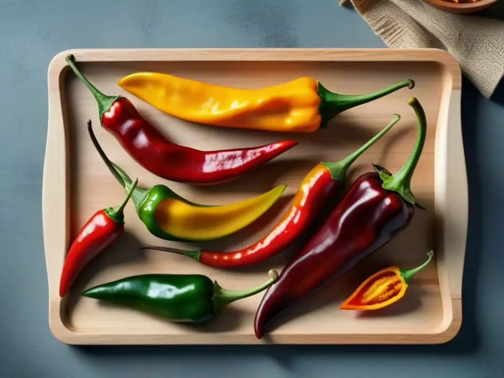 Chiles mexicanos: diversidad vibrante en detalle Una explosión de coloridos chiles autóctonos de México, guía picante en tabla rústica de madera