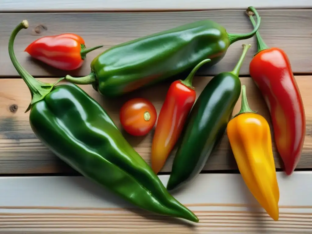 Una explosión de coloridos chiles mexicanos en una mesa rústica, junto a tomates y cilantro