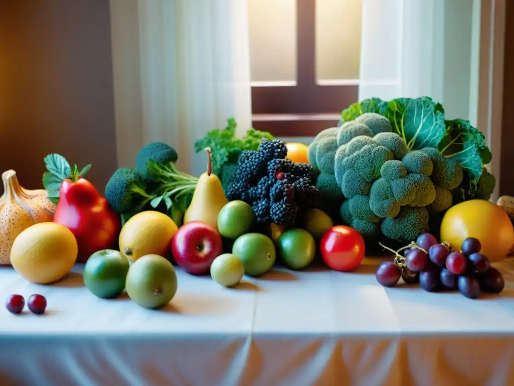 Una exquisita fotografía de alimentos con iluminación natural, resaltando la frescura y colorido de frutas, verduras y hierbas