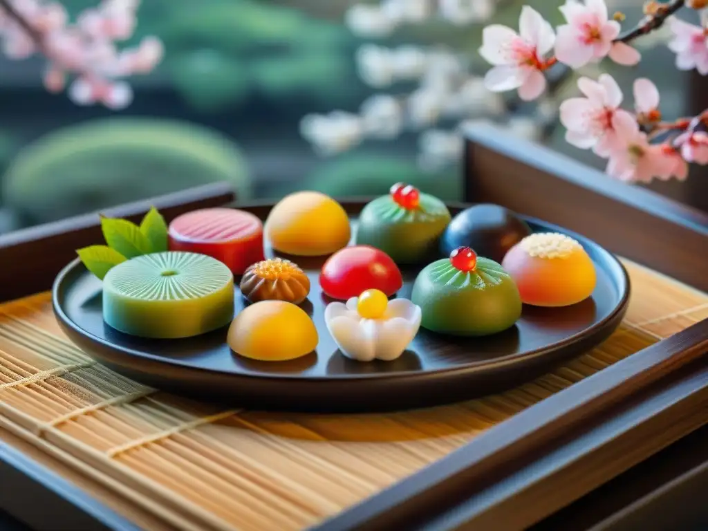 Una exquisita bandeja de wagashi japoneses en un jardín con cerezos en flor