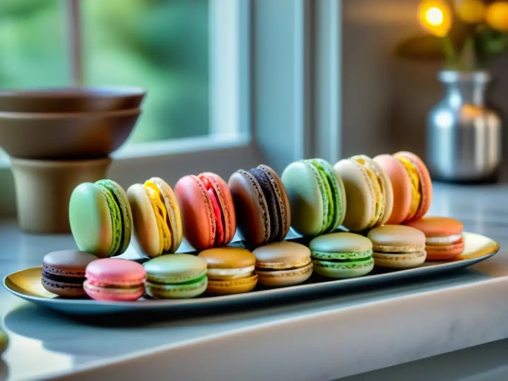 Una exquisita bandeja de macarons perfectamente horneados en un elegante mostrador de cocina