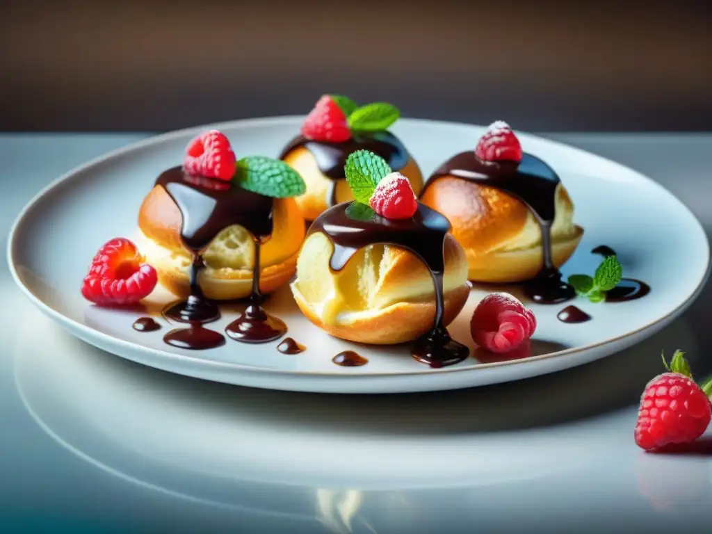 Una exquisita bandeja de profiteroles gourmet, bañados en salsa de chocolate, decorados con frambuesas y hojas de menta