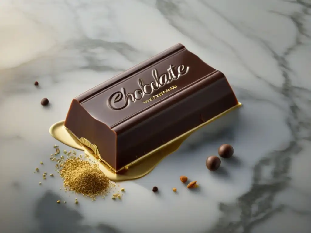 Una exquisita barra de chocolate en una encimera de mármol, con texturas detalladas y destellos dorados