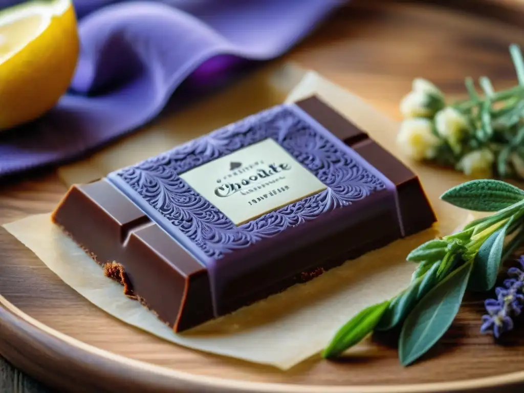 Exquisita barra de chocolates artesanales con infusiones sorprendentes en elegante presentación rústica