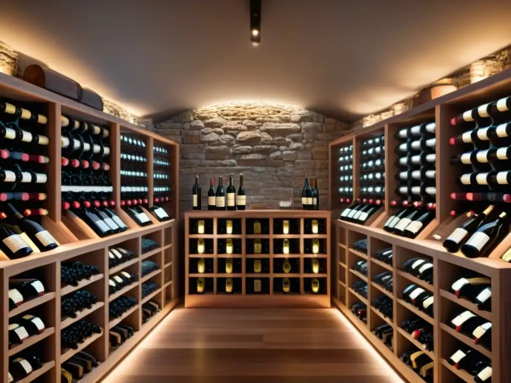 Exquisita bodega de vinos con cajas de suscripción vino gourmet en estantes de madera y botellas biológicas iluminadas