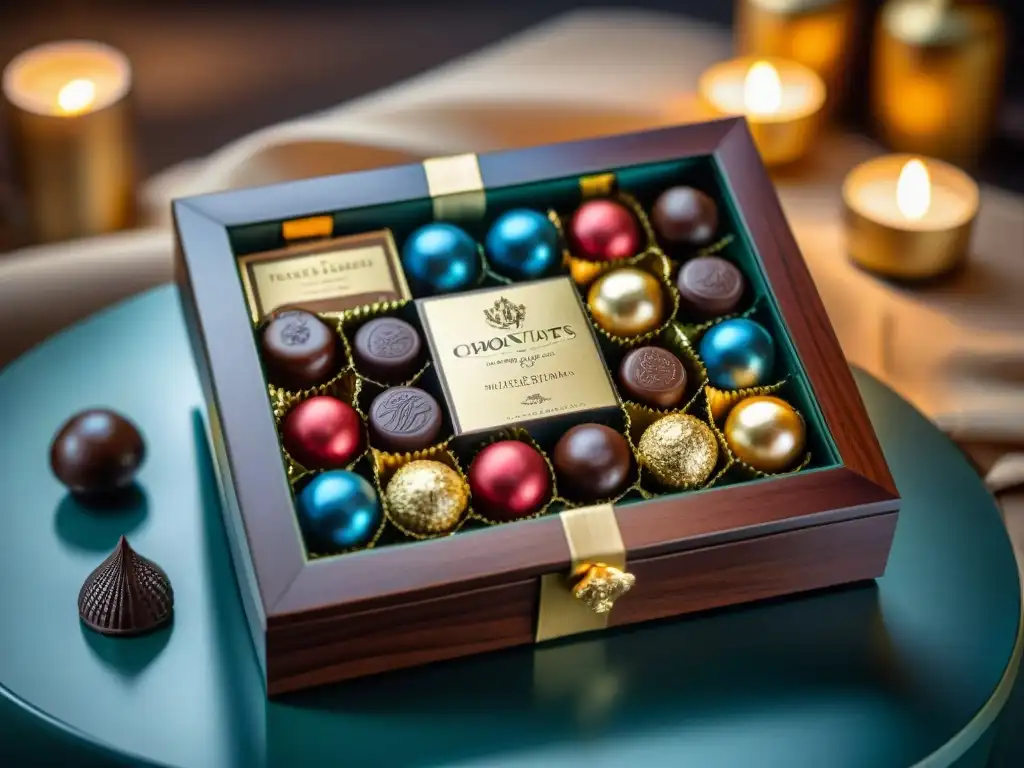 Exquisita caja de madera con chocolates gourmet, envueltos en oro y listos para deleitar