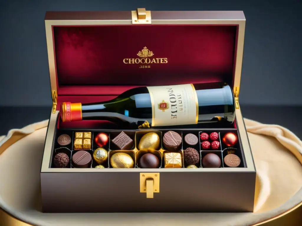 Una exquisita caja de madera rebosante de vinos y chocolates premium, ideal para maridajes