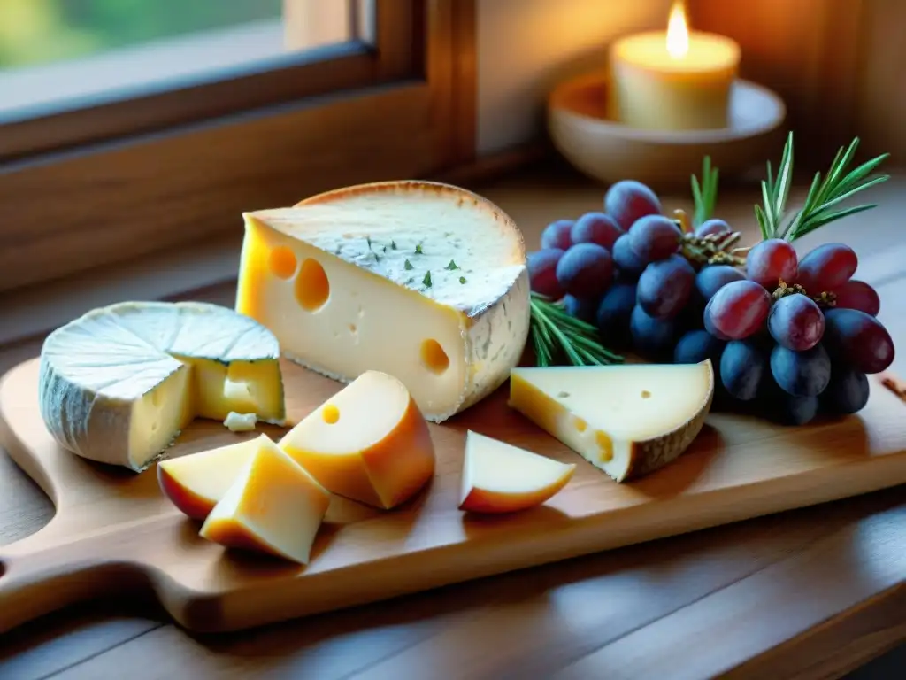 Una exquisita caja de suscripción quesos gourmet: variedad de quesos, uvas rojas, crackers y romero fresco en una cocina acogedora