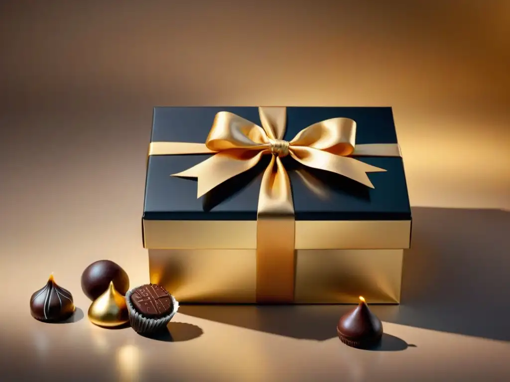 Exquisita caja de regalo con chocolates gourmet de lujo Exquisita caja suscripción chocolates regalo gourmet con bombones premium en envoltura dorada y lazo elegante