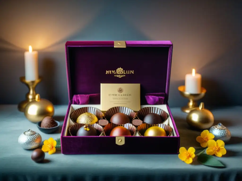 Una exquisita caja de suscripción de chocolates gourmet, lujosa y elegante, con detalles en oro y una selección decadente de chocolates