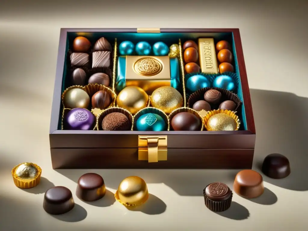 Exquisita caja de chocolates gourmet: lujo y sabor en cada detalle Exquisita caja de suscripción de chocolates gourmet en un elegante despliegue de sabores y formas, sobre una encimera de mármol