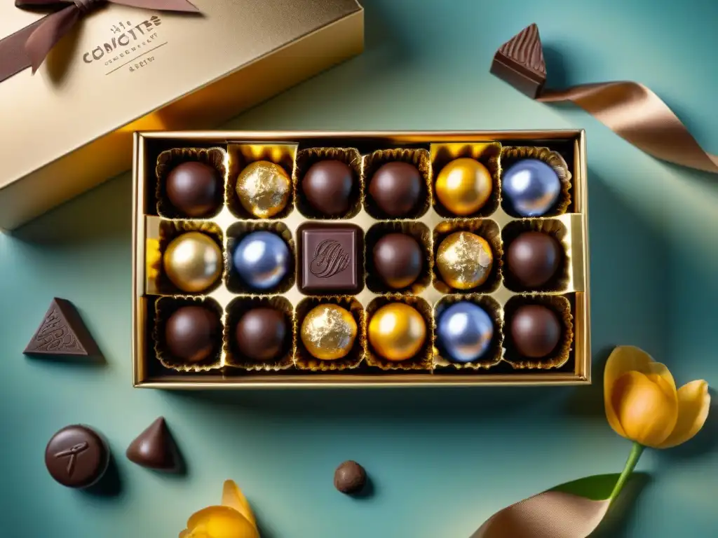 Exquisita caja de chocolates gourmet: lujo y elegancia Una exquisita caja de suscripción de chocolates gourmet, lujosos y detalladamente decorados con oro comestible y flores de azúcar artesanales