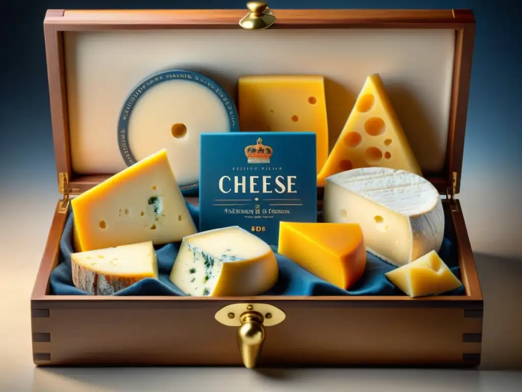 Una exquisita caja de suscripción de quesos gourmet: brie, cheddar, blue cheese y gouda, en un elegante envase de madera