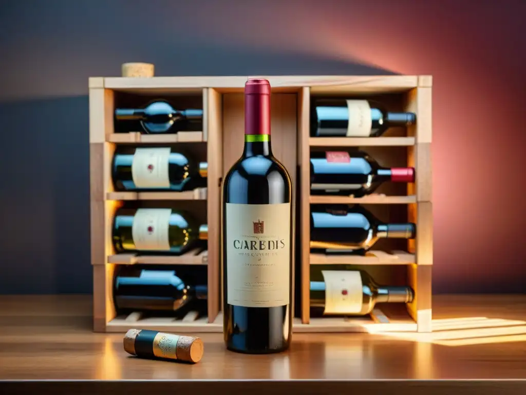 Exquisita caja de vinos: lujo y sofisticación en cada botella Exquisita caja de vinos gourmet con botellas y accesorios en mesa rústica