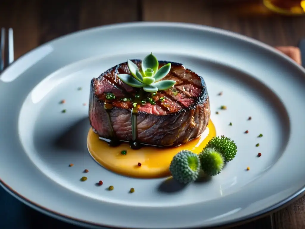 Una exquisita carne cultivada gourmet, jugosa y perfectamente cocida, decorada con hierbas sobre un elegante plato moderno