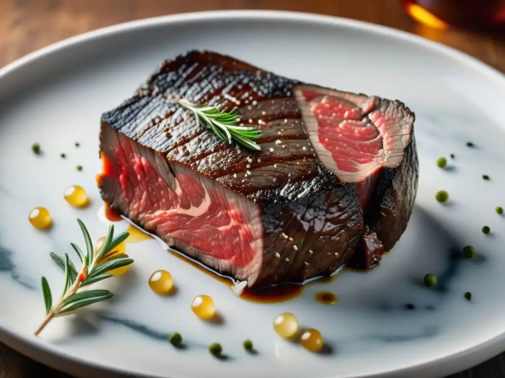 Exquisita carne Wagyu: ciencia del marmoleo en un suculento filete con marbling en un elegante plato, decorado con romero y sal marina