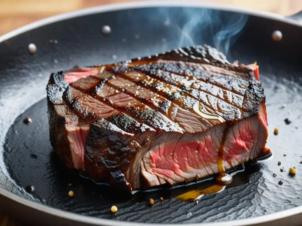 Exquisita carne Wagyu siendo grillada a la perfección en un sartén caliente