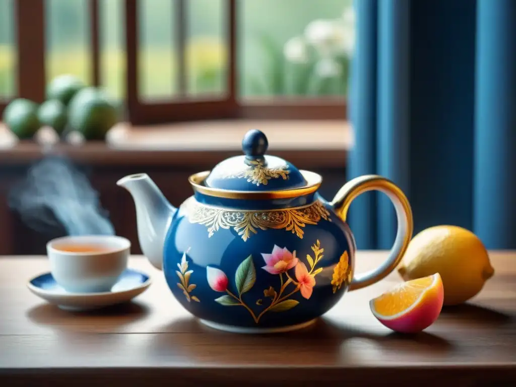 Exquisita cata de tés gourmet experta con teapot de porcelana, flores pintadas a mano y frutas frescas