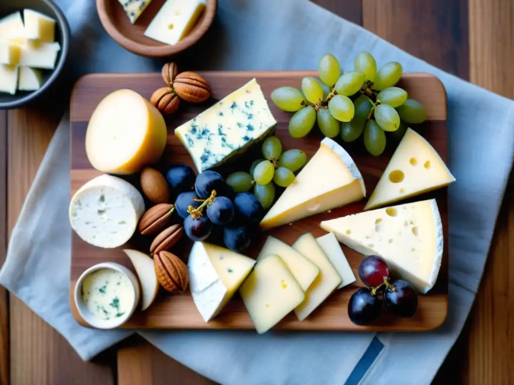 Una exquisita Cata de quesos y vinos con variedad de sabores y texturas, acompañada de uvas, nueces y elegantes copas sobre fondo de madera rústica