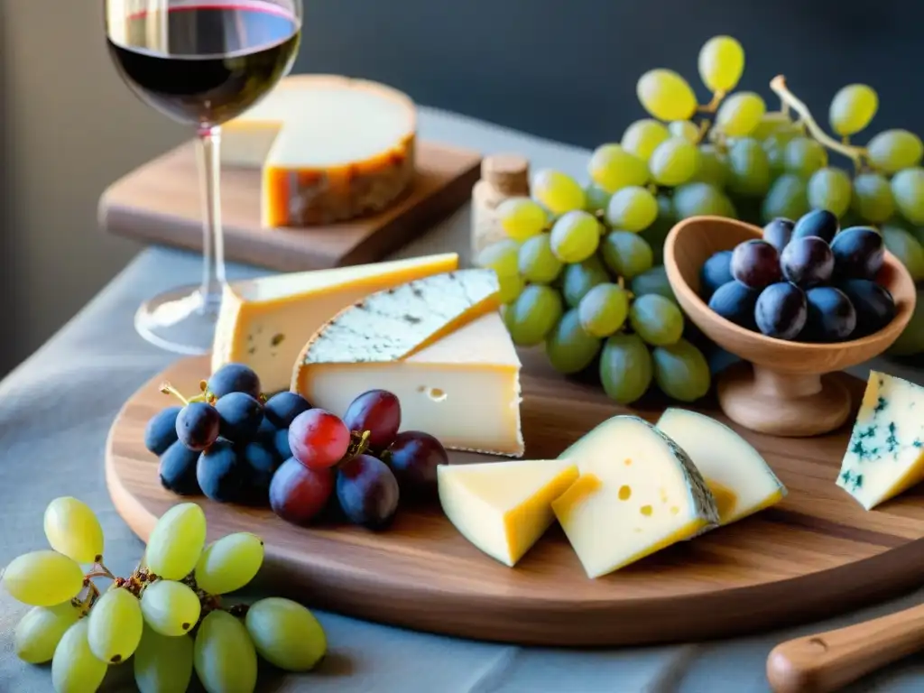 Una exquisita cata de quesos y vinos con selecta variedad y presentación elegante