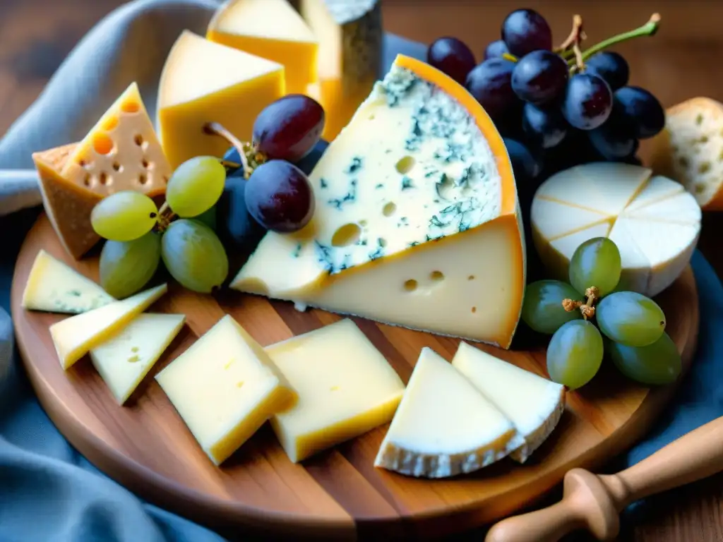 Una exquisita cata de quesos y vinos con variedad de sabores y texturas en una tabla de madera rústica