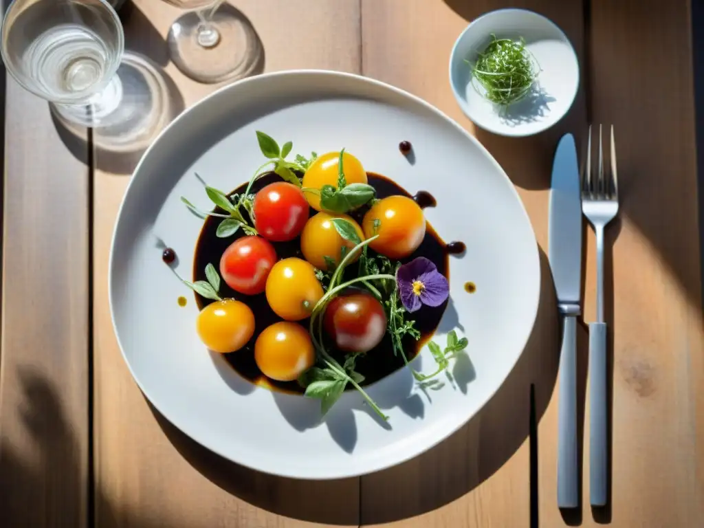 Exquisita cena gourmet con alimentos orgánicos y coloridos tomates heirloom en elegante presentación