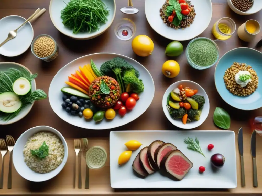 Una exquisita cena gourmet con alimentos orgánicos dispuestos en una mesa de madera rústica, bañada en cálida luz natural