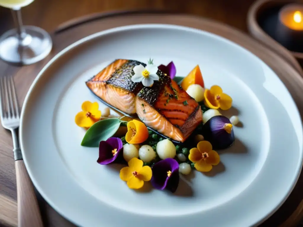 Una exquisita cena gourmet de Quebec con salmón glaseado con arce y verduras asadas, en una mesa elegante iluminada con velas