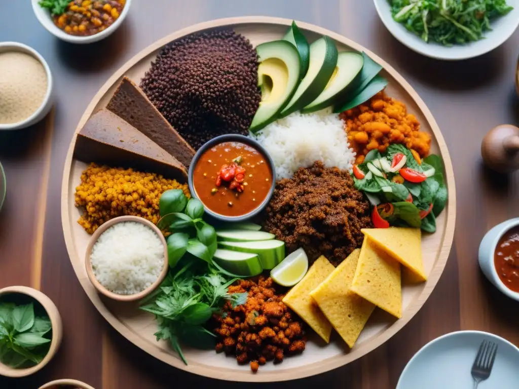 Exquisita cena gourmet con platos africanos detallados y coloridos