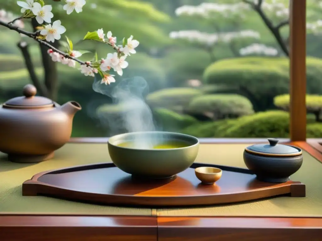 Exquisita ceremonia del té japonés con juego de té de madera y porcelana en jardín japonés con cerezos en flor