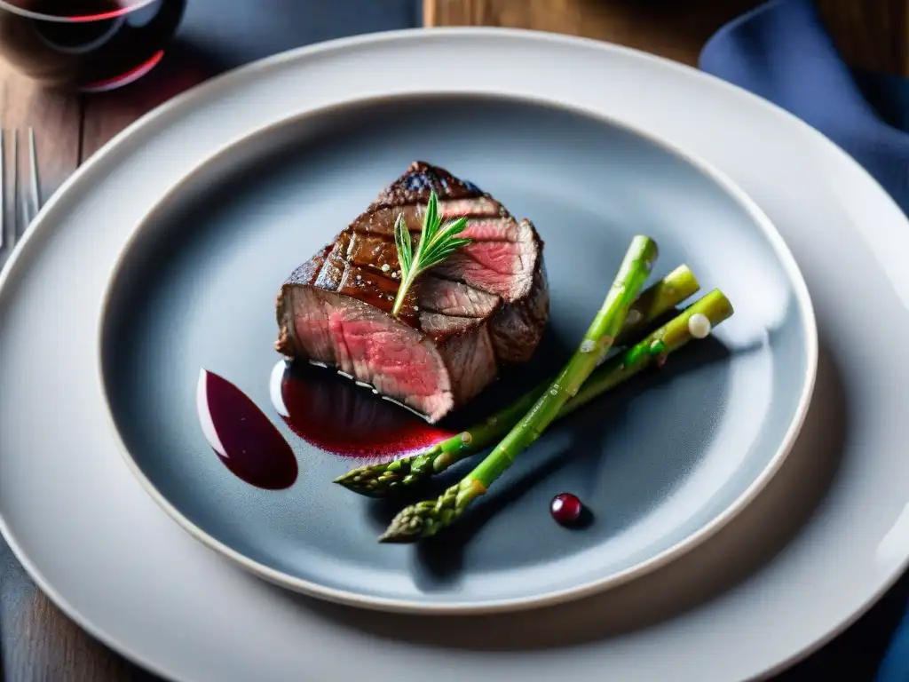 Una exquisita cocina Sous Vide a baja temperatura: un filete perfectamente cocido con un vaso de vino tinto, en una mesa moderna iluminada suavemente