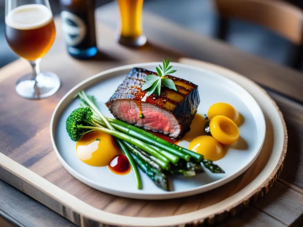 Una exquisita cocina al vacío maridada con cervezas artesanales, presentada de forma elegante en una mesa rústica