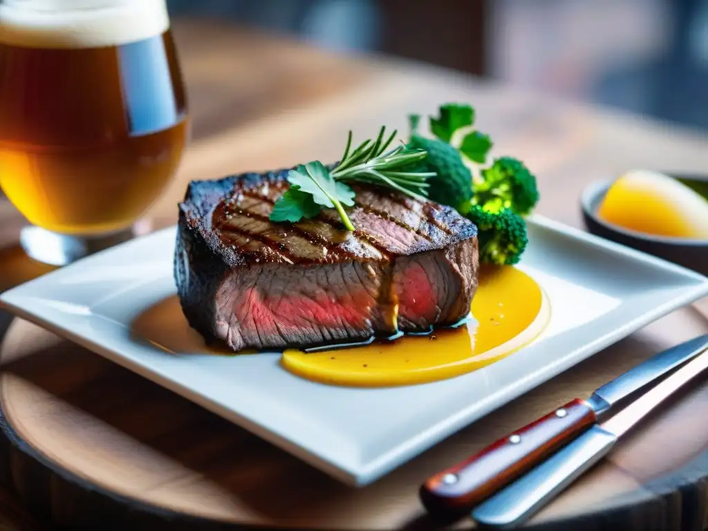 Exquisita cocina al vacío con maridaje de cervezas artesanales en mesa rústica y luz suave