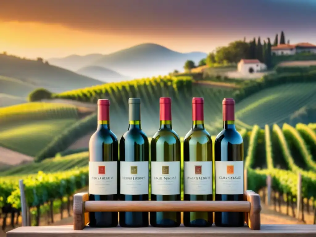 Exquisita colección de vinos: etiquetas vibrantes y diseño detallado en una bodega rústica al atardecer Una exquisita colección de botellas de vino gourmet en una bodega rústica, destacando las etiquetas únicas y colores vibrantes