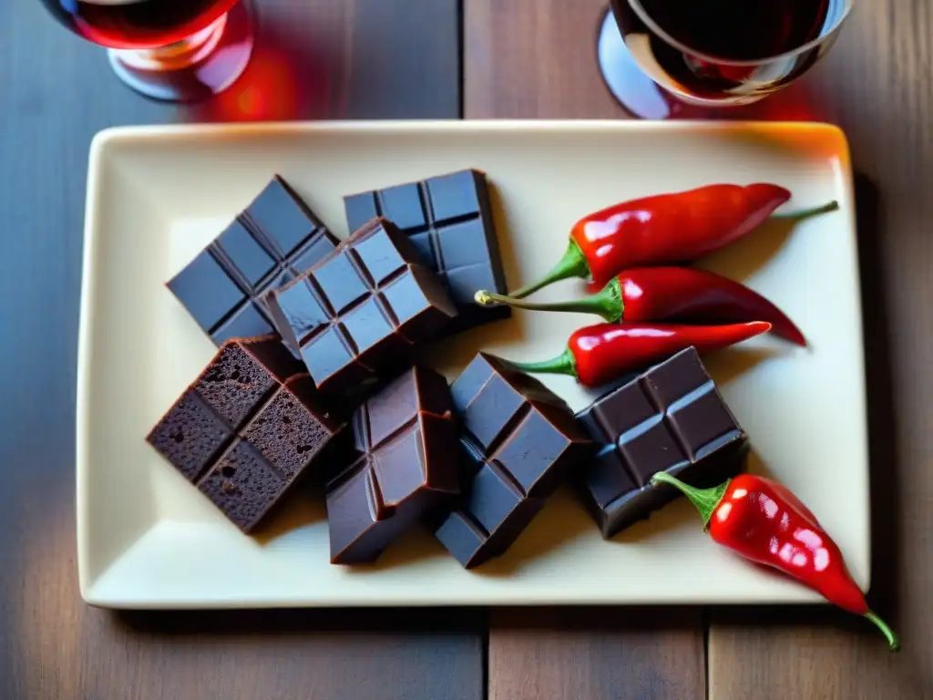 Una exquisita combinación de chiles, chocolate y vino en una mesa rústica