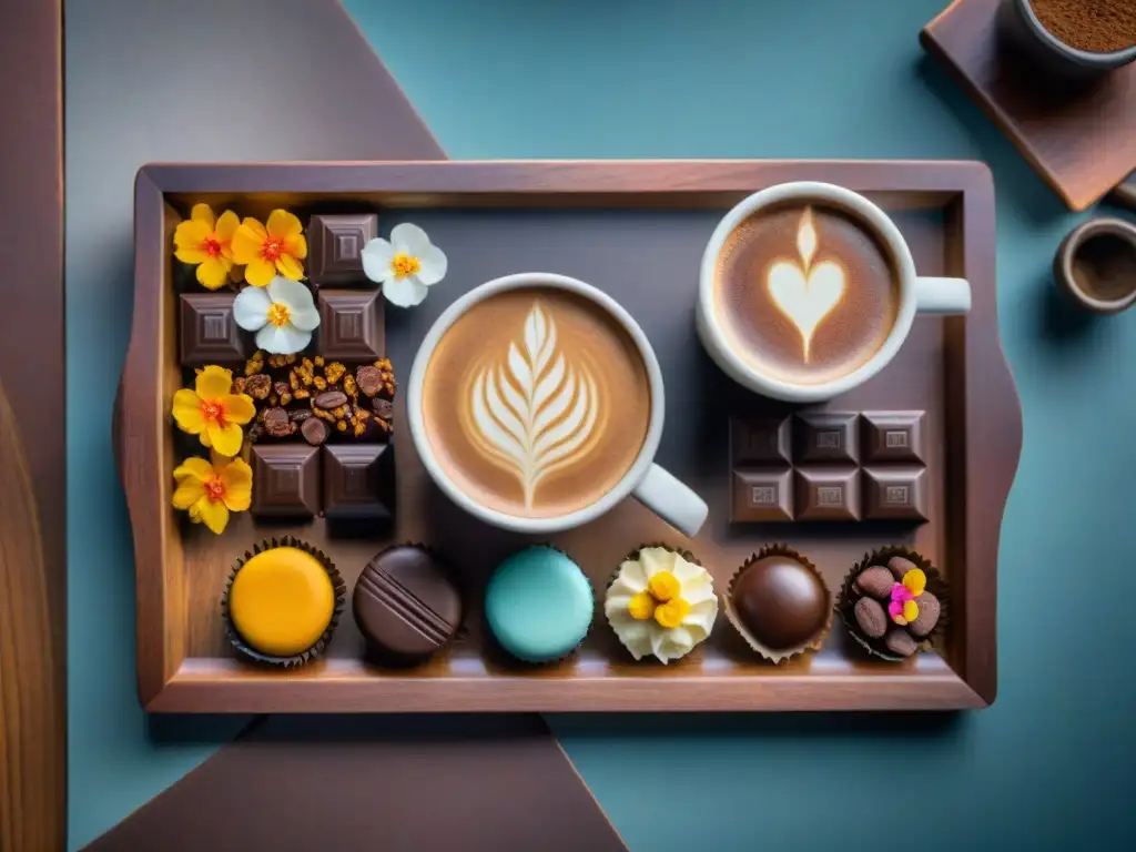 Una exquisita combinación de chocolates artesanales y café, decorados con detalle en un elegante plato de madera