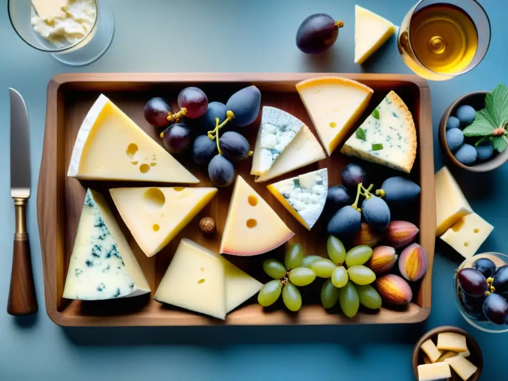 Una exquisita combinación de quesos, vinos y frutas gourmet en una tabla de madera elegante