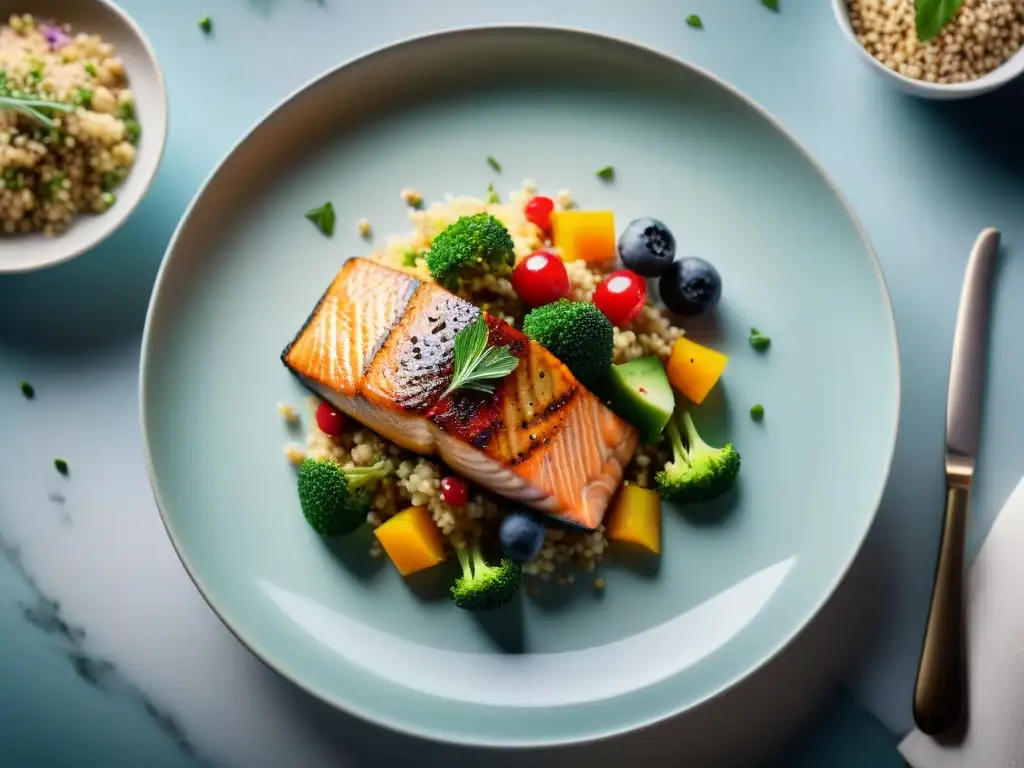 Una exquisita comida gourmet baja en FODMAP con salmón a la parrilla, ensalada de quinoa y bayas frescas