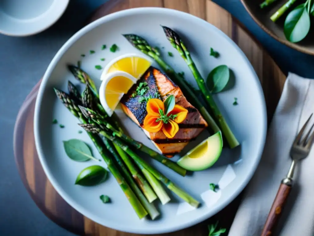 Exquisita comida gourmet Keto: salmón, aguacate y espárragos en ultraHD Exquisita comida gourmet Keto con salmón a la parrilla, aguacates en forma de rosa y espárragos, en un plato de mármol
