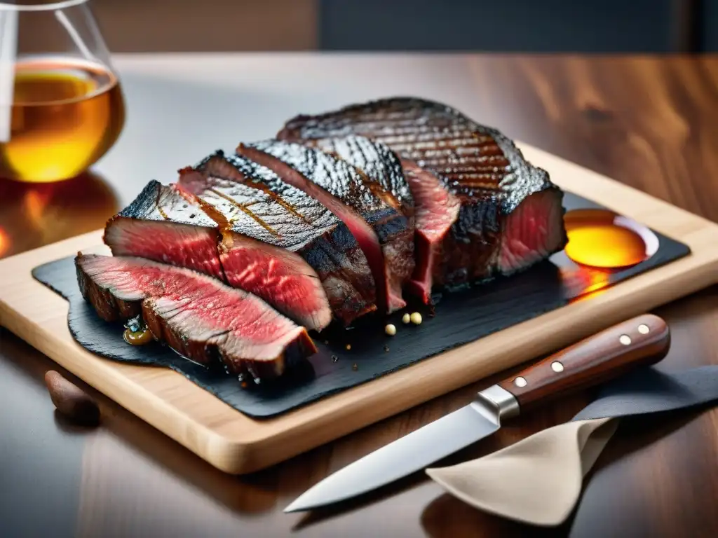 Exquisita tabla de corte de madera con Angus y Wagyu al grill y vino tinto Exquisita comparativa Angus Wagyu: carnes gourmet en tabla de lujo con vino