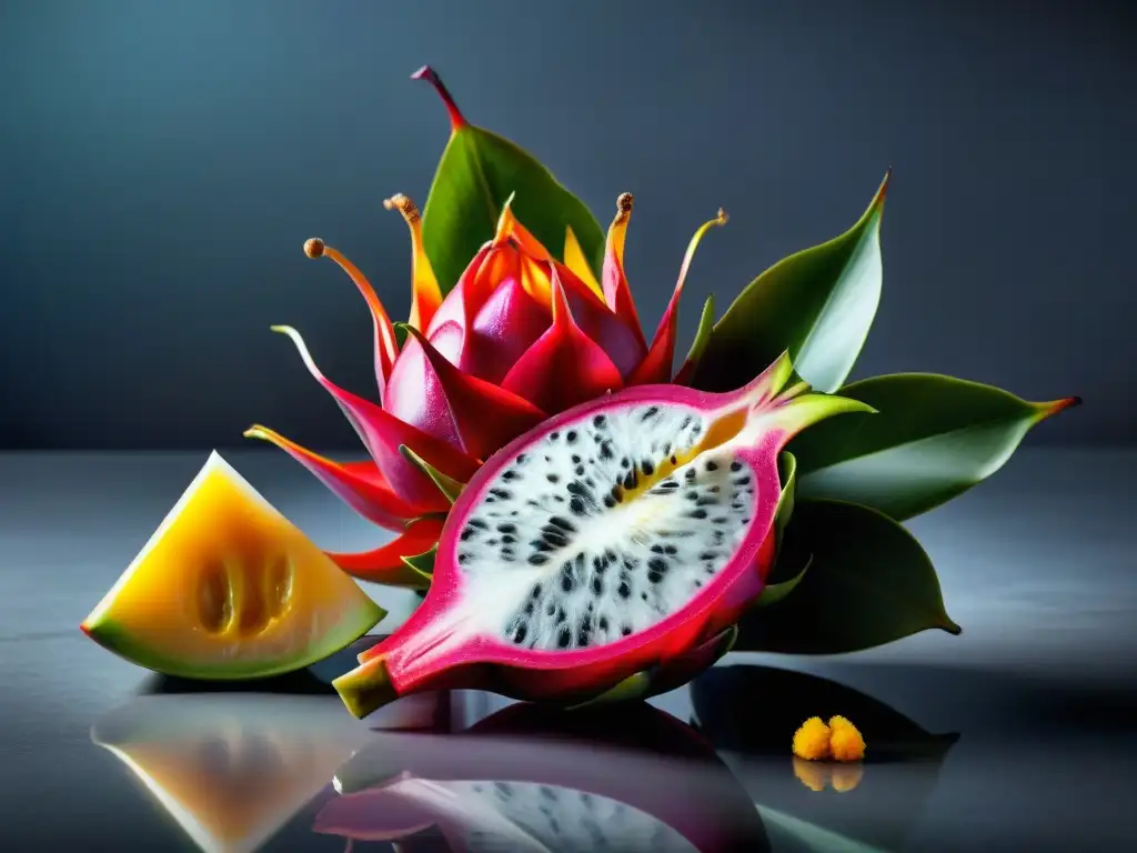 Una exquisita composición de ingredientes exóticos gastronomía molecular: frutas vibrantes y flores comestibles, listos para crear platos innovadores