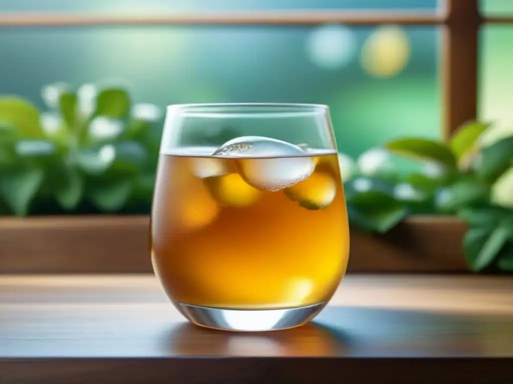 Kombucha dorada: burbujeante y lujosa Una exquisita copa de Kombucha dorada burbujeante, sobre mesa de madera con naturaleza de fondo